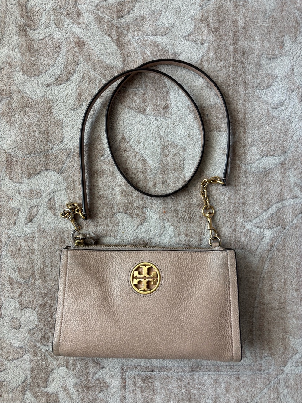 Tory Burch Beige Leather Crossbody Bag with Gold Logo